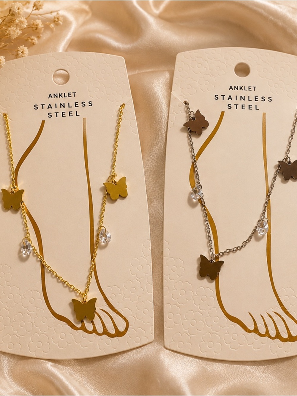 ✨ Stainless Steel Butterfly Anklet | Gold or Silver | Crystal Charm | Adjustable
